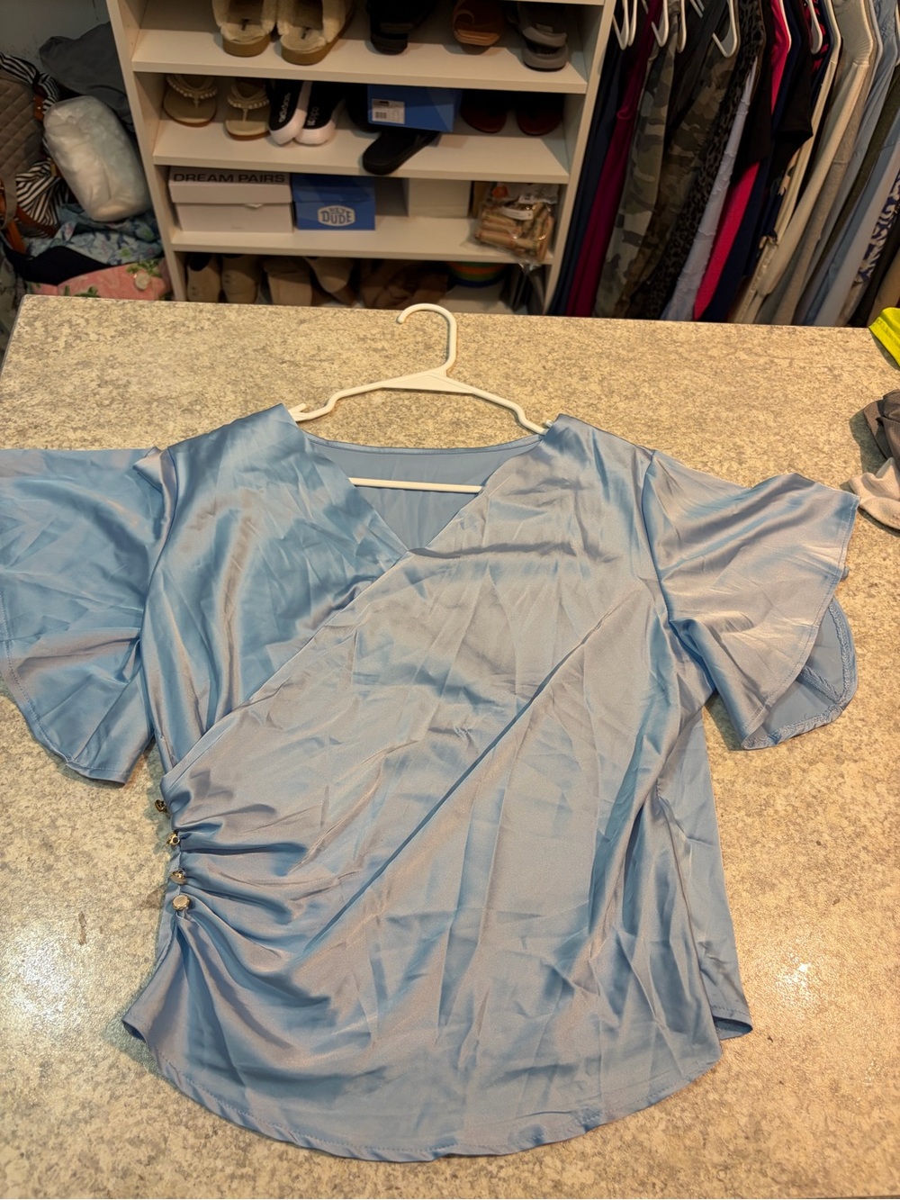 SHEIN Light Blue V-Neck Wrap-Style Blouse with Side Button Detail